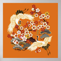 KRÄNE UND FARBSAKURA. Farbenfroh, blumennahtlos