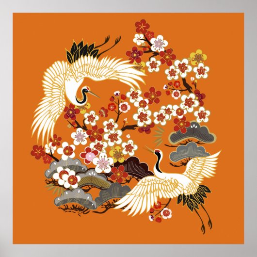 KRÄNE UND FARBSAKURA. Farbenfroh, blumennahtlos Poster (Vorne)