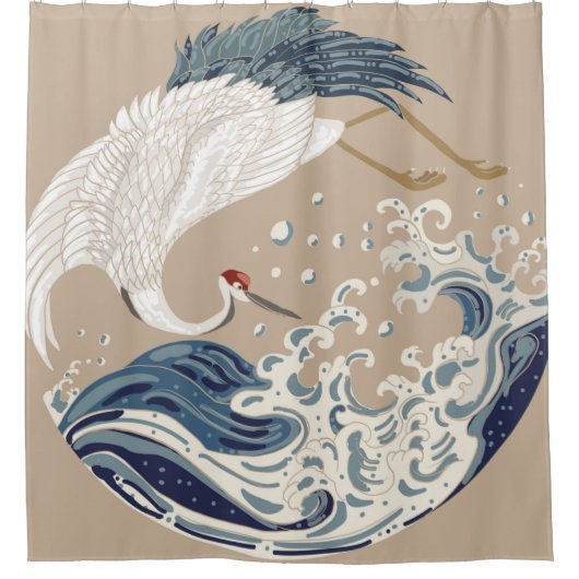 Krane und japanische Wave Illustration. Traditione Duschvorhang (Vorderseite)