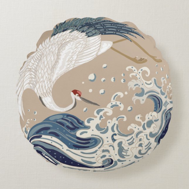 Krane und japanische Wave Illustration. Traditione Rundes Kissen (Vorderseite)