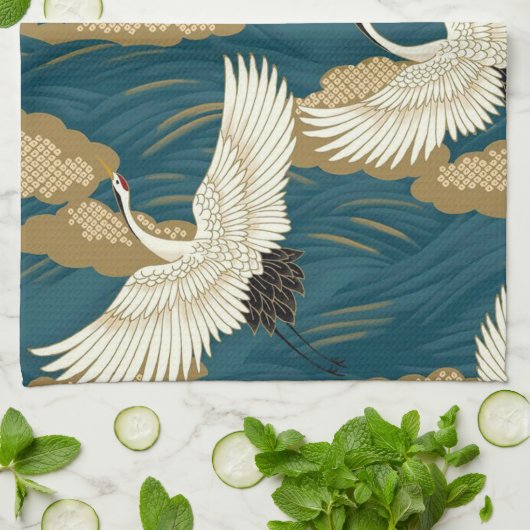 Krane und Wave, japanisches Design Geschirrtuch (Gefaltet)