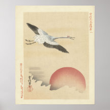 Kranich bei Sonnenaufgang, antike japanische Wall