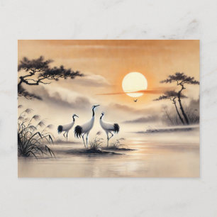 Kranich im Sumpf bei Sonnenuntergang Chinesische T Postkarte