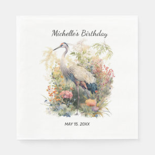 Kranich-Vogel verlässt Laub-Blumen-Geburtstag Serviette