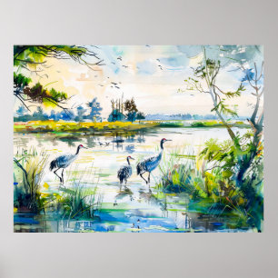 Kraniche am Fluss Havelland im Aquarellstil Poster