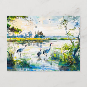 Kraniche am Fluss Havelland im Aquarellstil Postkarte