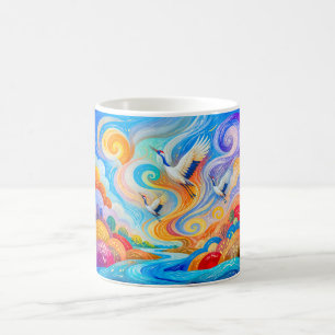 Kraniche, die im Wind und thermischen Aufwind aufs Kaffeetasse