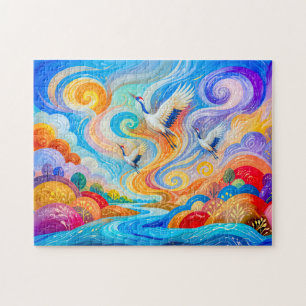 Kraniche, die im Wind und thermischen Aufwind aufs Puzzle