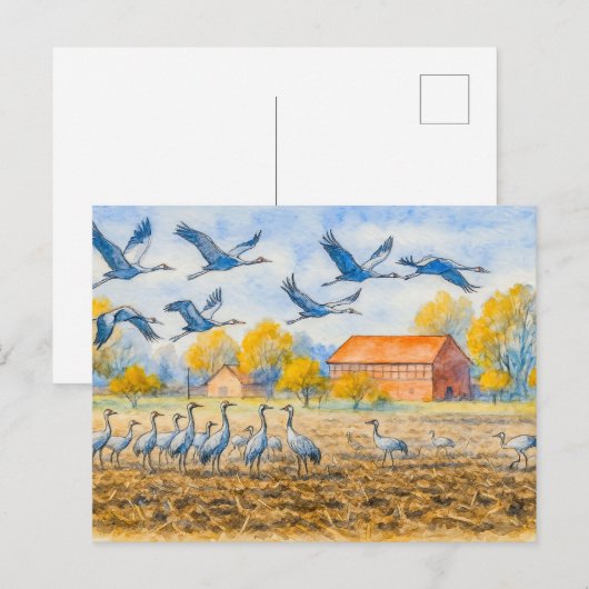 Kraniche im Ackerbau Feiertagspostkarte (Vorne/Hinten)
