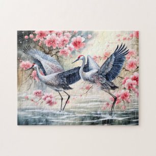 Kraniche im Wasser mit floralen Spiegelungen Puzzle