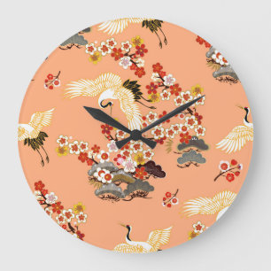 Kraniche, Sakura, farbenfroh, blumig, Melone. Große Wanduhr