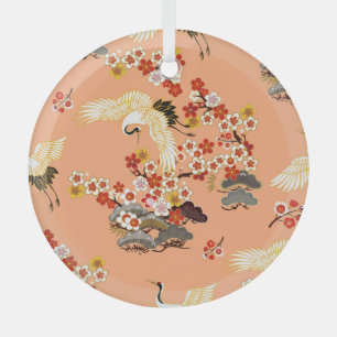 Kraniche, Sakura, farbenfroh, floral, Cantaloupe-M Ornament Aus Glas