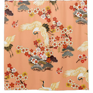 Kraniche, Sakura, farbenfroh, floral, Kantaloupe. Duschvorhang