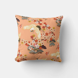 Kraniche, Sakura, farbenfroh, floral, Kantaloupe. Kissen