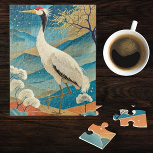 Kranichvogel mit Bergen und Herbstbäumen Japanisch Puzzle