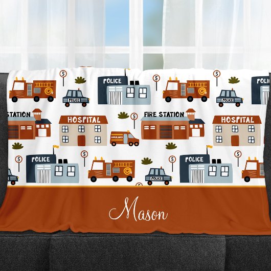 Krankenhaus, Feuer, Polizeistadtmuster für Kinder Fleecedecke