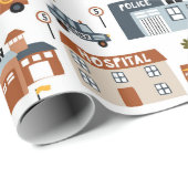 Krankenhaus, Feuer, Polizeistadtmuster für Kinder Geschenkpapier (Rolleneckpunkt)