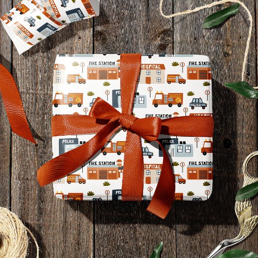 Krankenhaus, Feuer, Polizeistadtmuster für Kinder Geschenkpapier