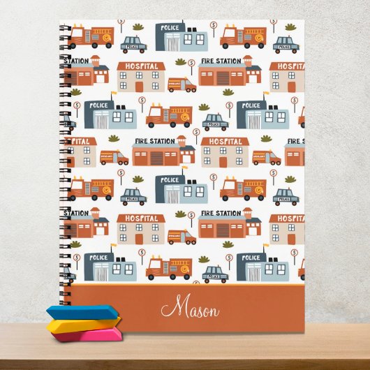 Krankenhaus, Feuer, Polizeistadtmuster für Kinder Notizblock