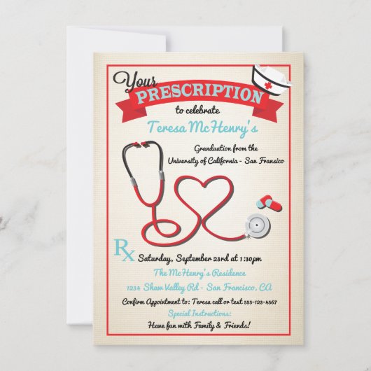 Krankenpflege Abschluss Herz Stethoscope laden Einladung (Vorderseite)