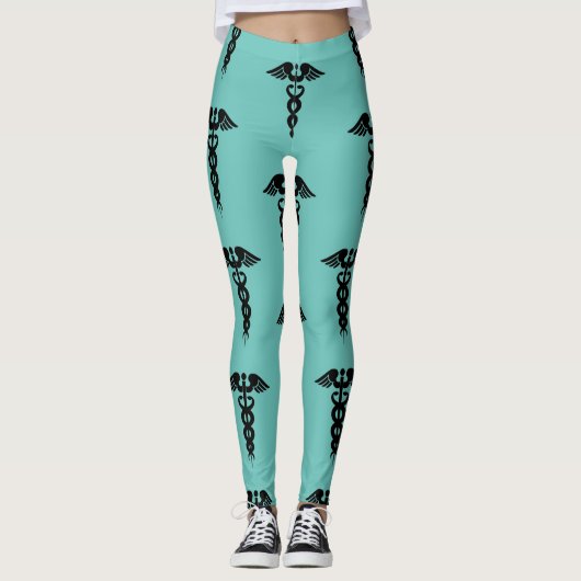 Krankenpflege Aquamarin Schwarzes Caduceus Muster Leggings (Vorderseite)