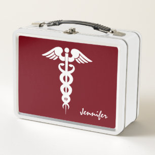 Krankenpflege Ärztin Medical Caduceus Dark Red Wh Metall Brotdose