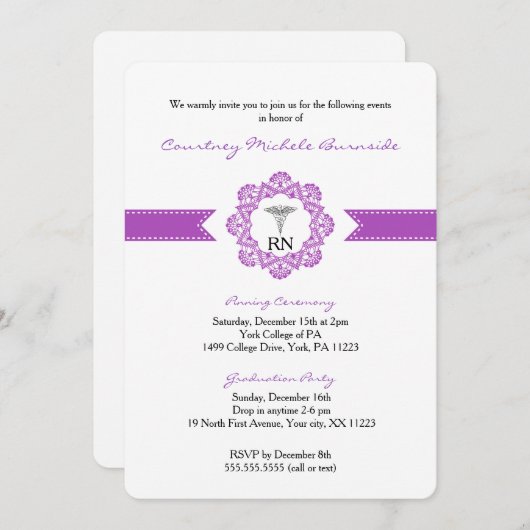Krankenpflege oder Graduierungspartei RN BSN lila Einladung (Vorne/Hinten)