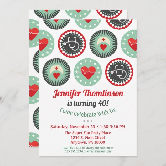 Krankenpflege zum Geburtstag Einladung Krankenpfle (Vorne/Hinten)