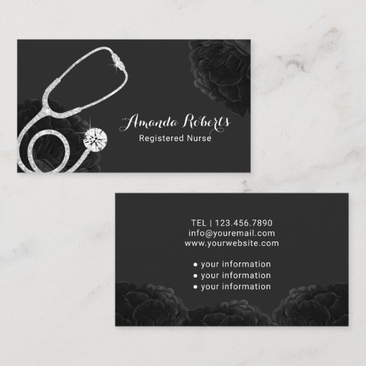 Krankenpfleger Medical Elegante Schwarze Flora Visitenkarte (Vorne/Hinten)