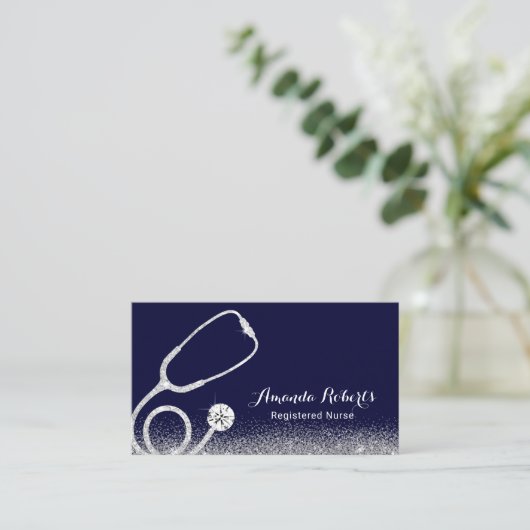 Krankenpfleger Medical Silver Glitzer Navy Blue Visitenkarte (Stehend Vorderseite)