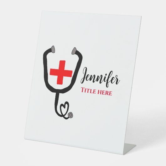 Krankenpfleger Rot und Stethoskop tragen Namen Sockelschild (Vorderseite)
