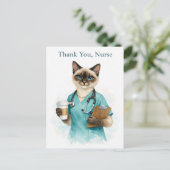 Krankenschwester Katze mit Kaffee mit Text Dankesc Postkarte (Stehend Vorderseite)