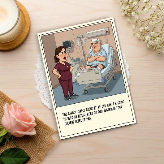 Krankenschwester konfrontiert mürrischen Patienten Postkarte