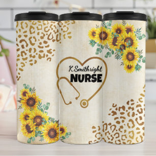 Krankenschwester Sonnenblume Leoparden-Druck Herz Thermosbecher