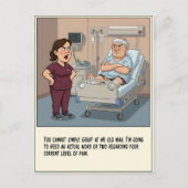 Krankenschwester stellt sich unleidigem Patienten Postkarte (Vorderseite)