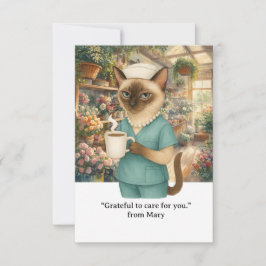 Krankenschwester trinkt Kaffee vor dem Blumenladen Dankeskarte