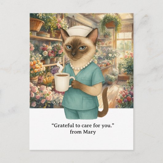 Krankenschwester trinkt Kaffee vor dem Blumenladen Postkarte (Vorderseite)