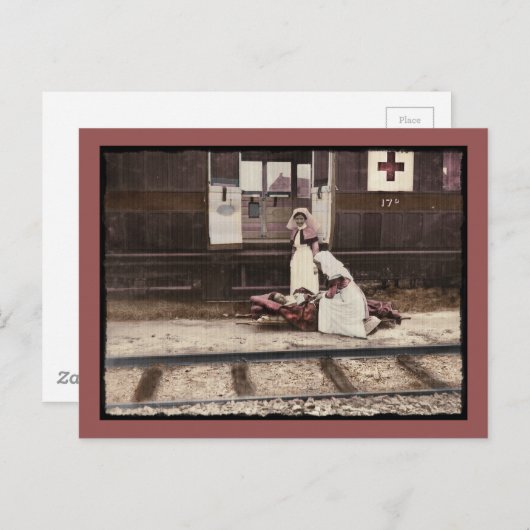 Krankenschwestern und Verwundete am Bahnhof Postkarte (Vorne/Hinten)