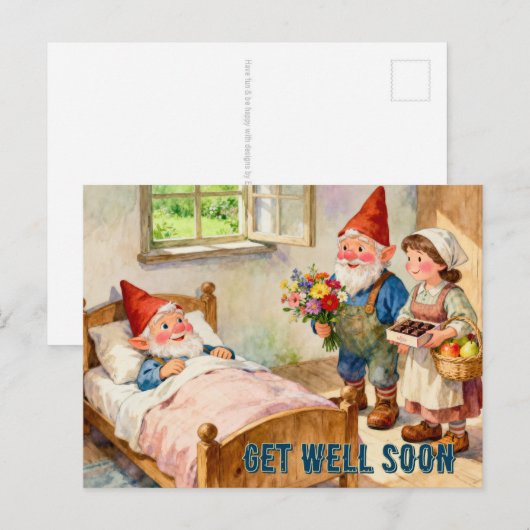 Kranker Gartenzwerg zu Hause mit Besuchern 4 Postkarte (Vorne/Hinten)
