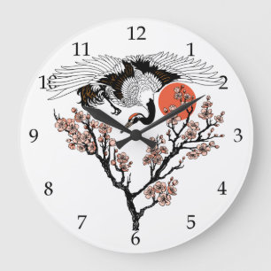 Kranvogel und blühende Sakura Große Wanduhr