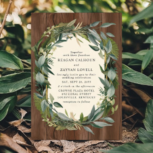 Kranz aus Grün und rustikale Holznatur Hochzeit Einladung