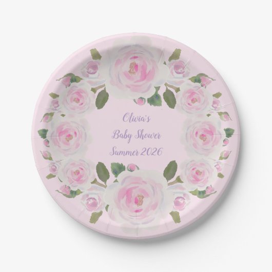 Kranz aus rosa Rosen Name Papier Teller Baby Showe (Vorderseite)