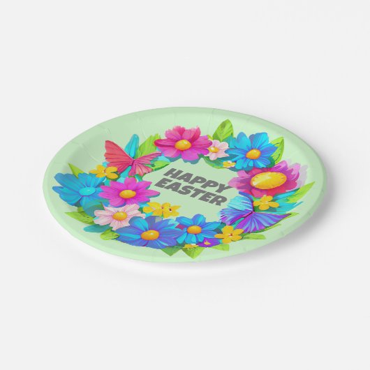 Kranz der farbenfrohen OsterBlume Pappteller (Schrägansicht)