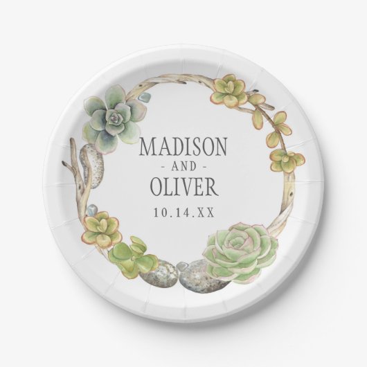 Kranz der Wedding Succulents, der Zweige und der Pappteller (Vorderseite)