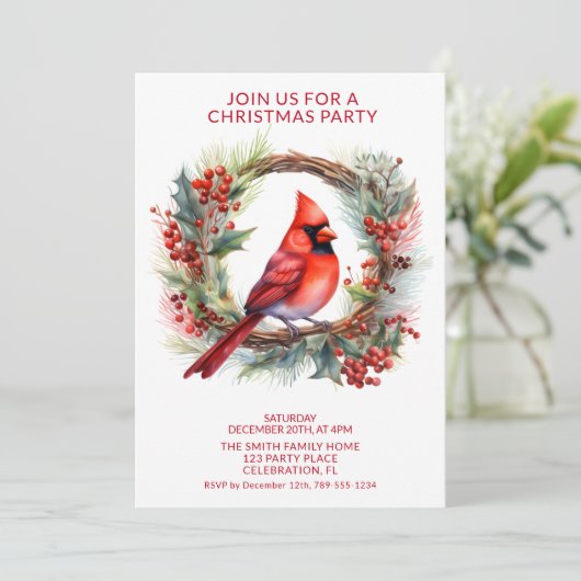 Kranz-Kardinal mit Party "Roter Schriftart" Einladung (Stehend Vorderseite)