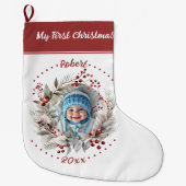 Kranz mit Grün Baby's First Christmas Foto Großer Weihnachtsstrumpf (Vorderseite)
