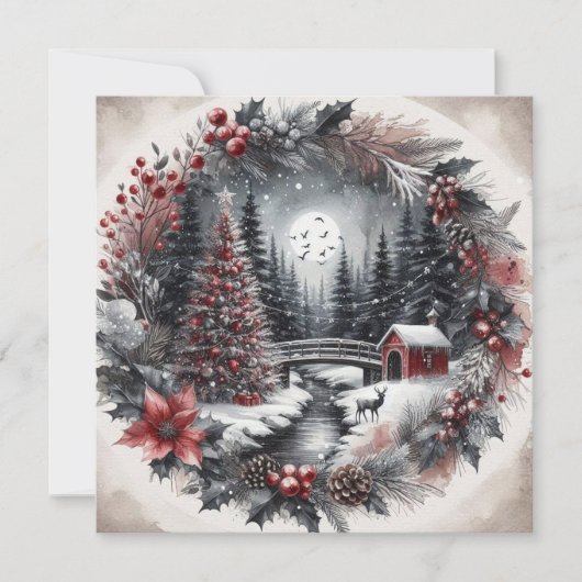 Kranz mit Landschaftsbild Flache Feiertagskarte (Vorderseite)