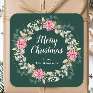 Kranz mit rosa Weihnachtssternen Frohe Weihnachten Quadratischer Aufkleber