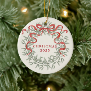 Kranz mit rotem Band Familienfoto Urlaub Keramik Ornament
