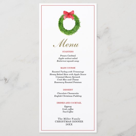 Kranz mit Weihnachtsmenü am Abend Menükarte (Vorderseite)
